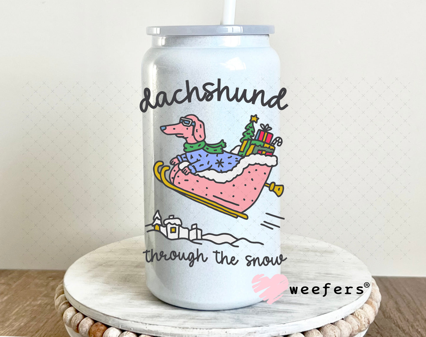 UV DTF Decal - Dachshund Through The Snow 16oz Glass Can Generic Weefers