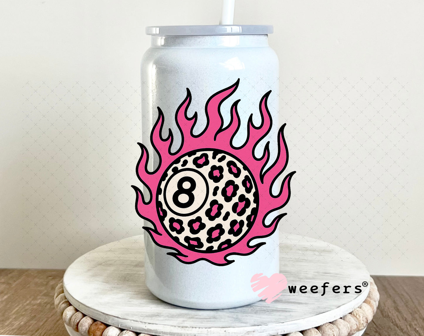 UV DTF Decal - Pink Flame Cheetah 8 Ball 16oz Glass Can Generic Weefers