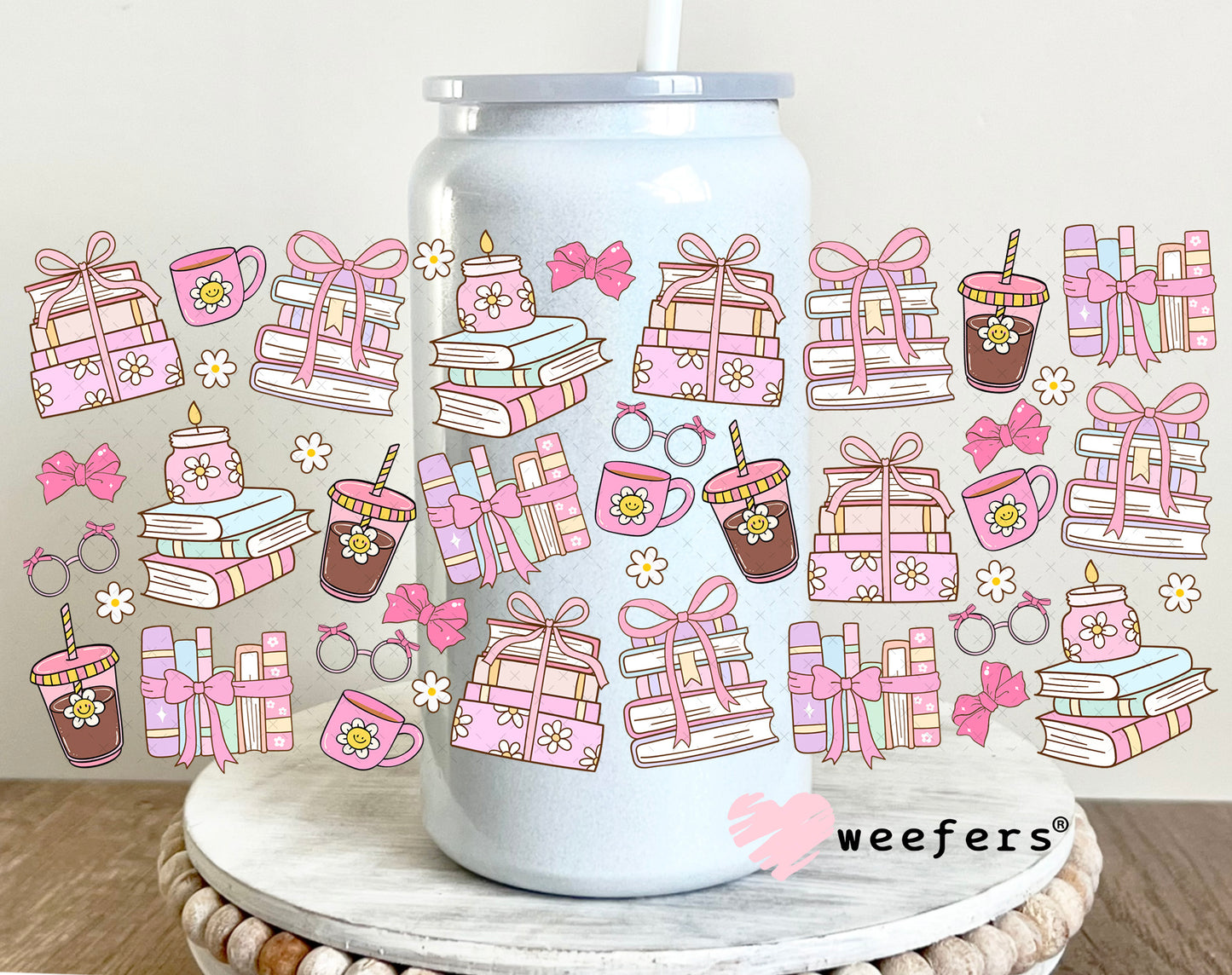 UV DTF Cup Wrap – Pink Books and Coffee 16oz Glass Can Generic Weefers