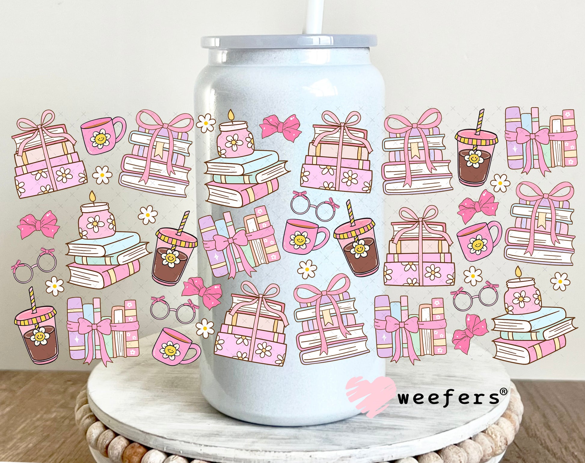 UV DTF Cup Wrap – Pink Books and Coffee 16oz Glass Can Generic Weefers
