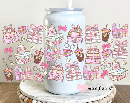 UV DTF Cup Wrap – Pink Books and Coffee 16oz Glass Can Generic Weefers