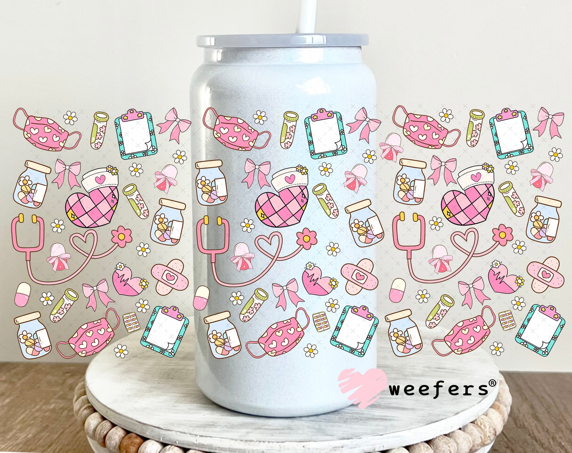 UV DTF Cup Wrap – Pink Nurse Daily Life 16oz Glass Can Generic Weefers