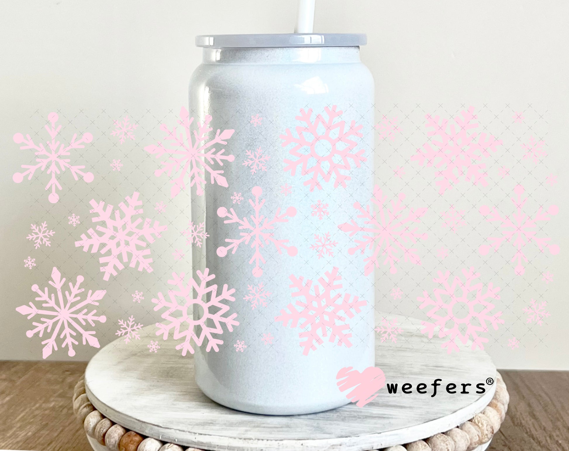 UV DTF Cup Wrap – Christmas Pink Snowflakes 16oz Glass Can Generic Weefers