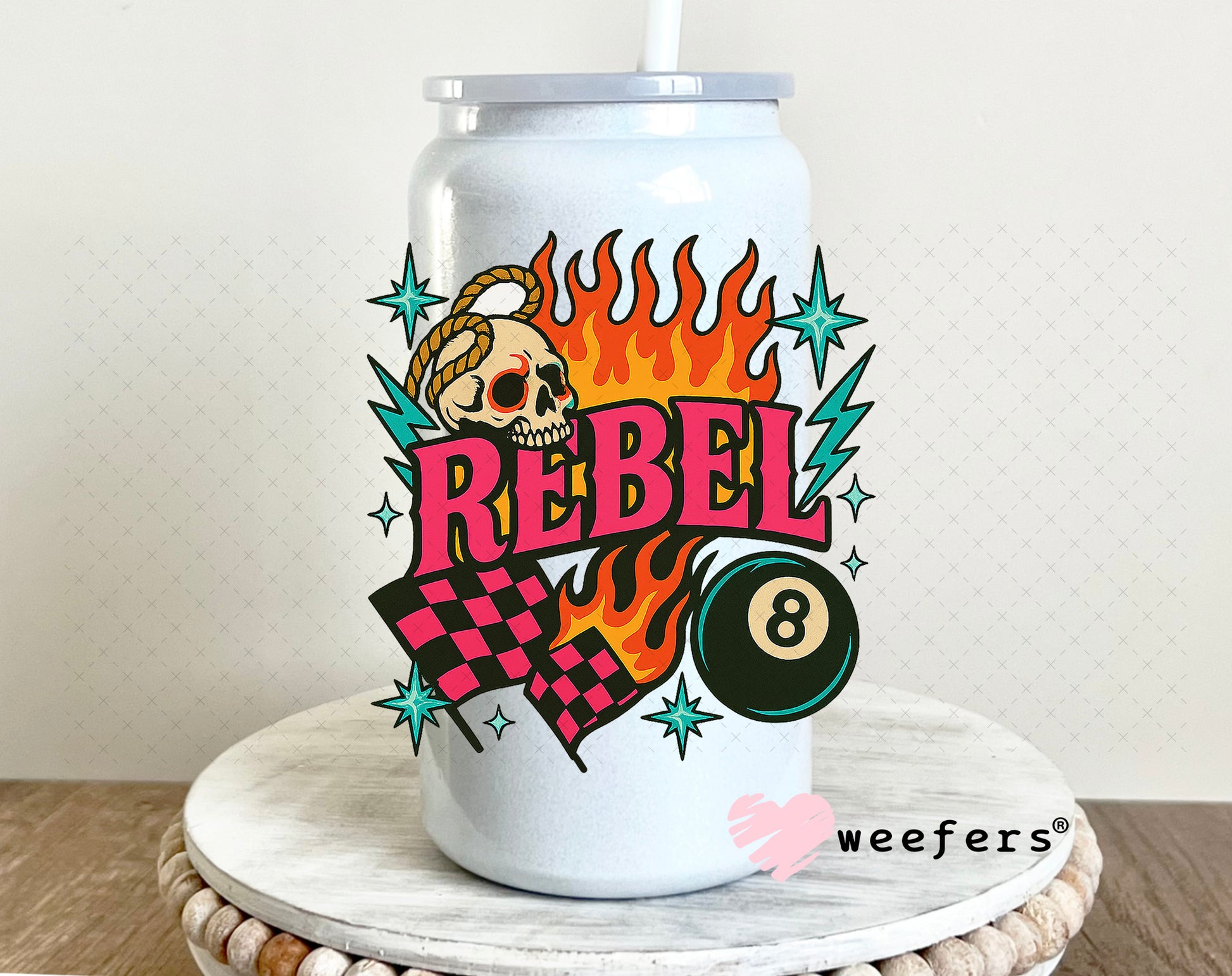 UV DTF Decal - Rebel Flames and Eightball 16oz Glass Can Generic Weefers