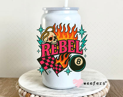 UV DTF Decal - Rebel Flames and Eightball 16oz Glass Can Generic Weefers