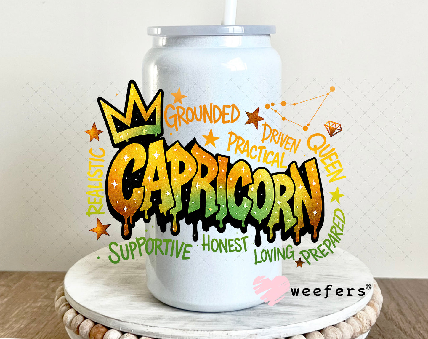 UV DTF Decal - Capricorn Zodiac Sign 16oz Glass Can Generic Weefers