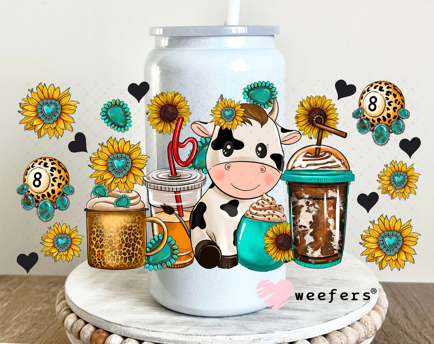 UV DTF Cup Wrap – Cow Coffee and Sunflowers- Weefers Exclusive 16oz Glass Can Generic Weefers