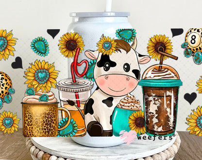 UV DTF Cup Wrap – Cow Coffee and Sunflowers- Weefers Exclusive 16oz Glass Can Generic Cup Wrap Weefers