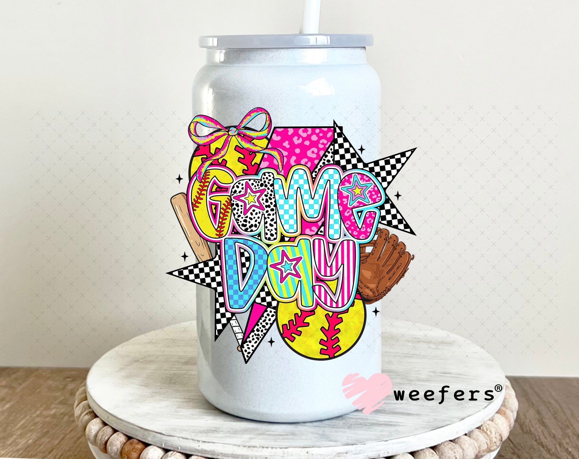 UV DTF Decal - Preppy Gameday Softball 16oz Glass Can Generic Weefers