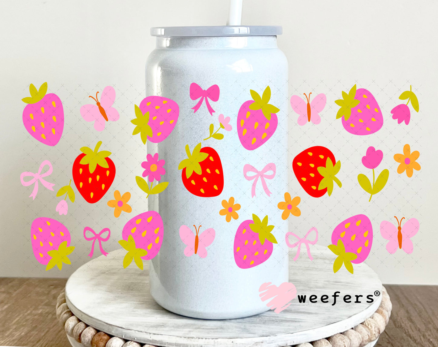 UV DTF Cup Wrap – Pink and Red Strawberries 16oz Glass Can Generic Weefers