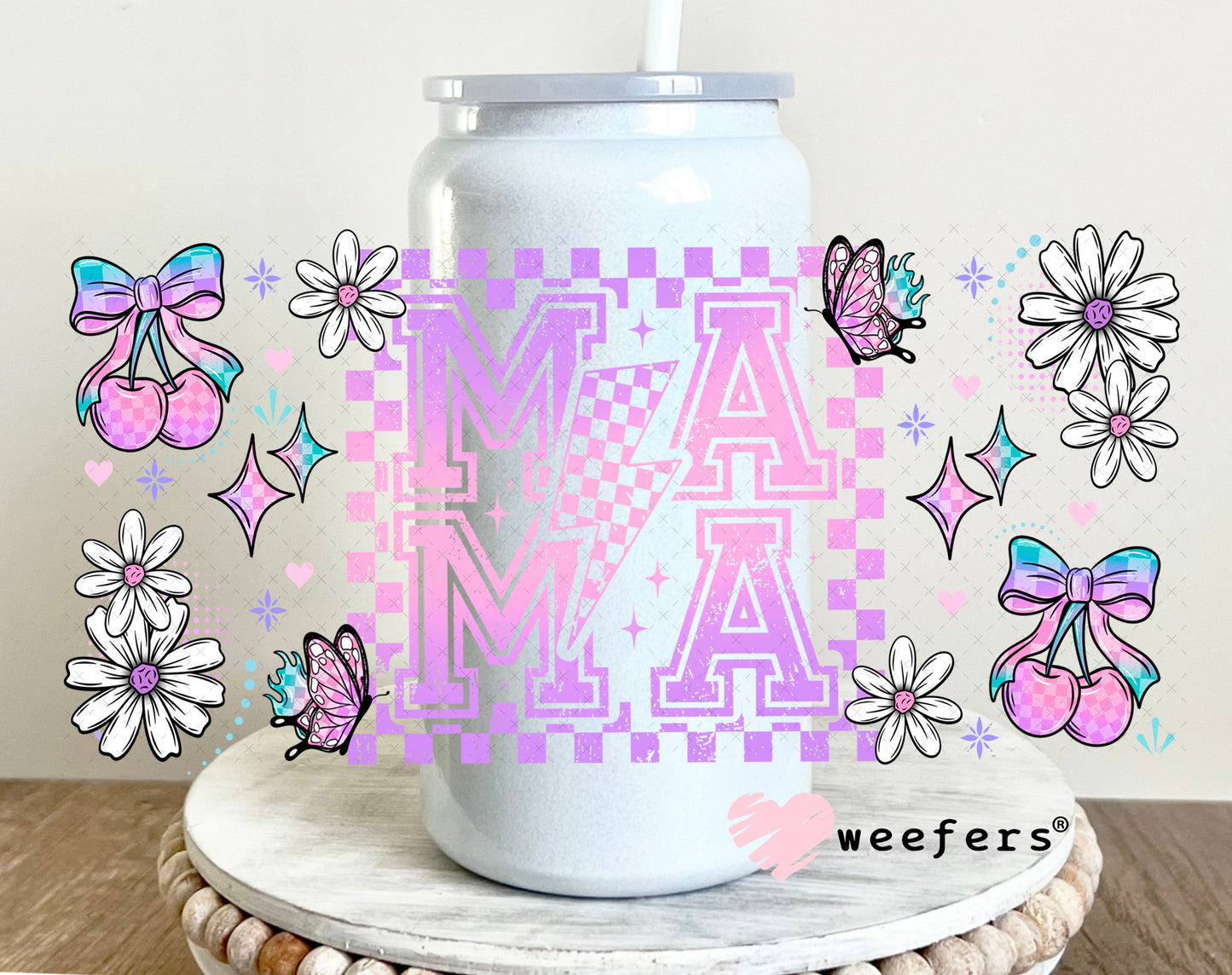 UV DTF Cup Wrap – Pink and Teal MaMa 16oz Glass Can Generic Weefers