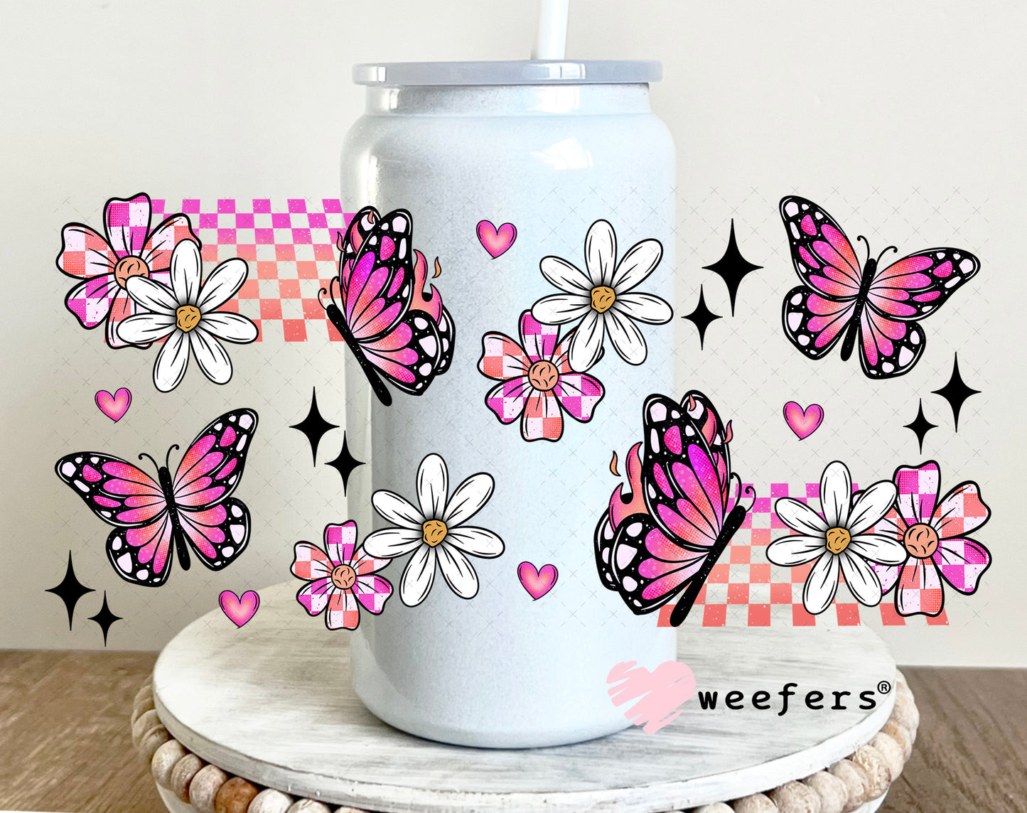 UV DTF Cup Wrap – Pink and Orange Butterflies 16oz Glass Can Generic Weefers