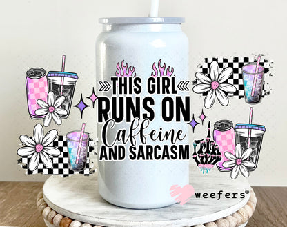 UV DTF Cup Wrap – This Girl Runs on Caffeine and Sarcasm 16oz Glass Can Generic Weefers