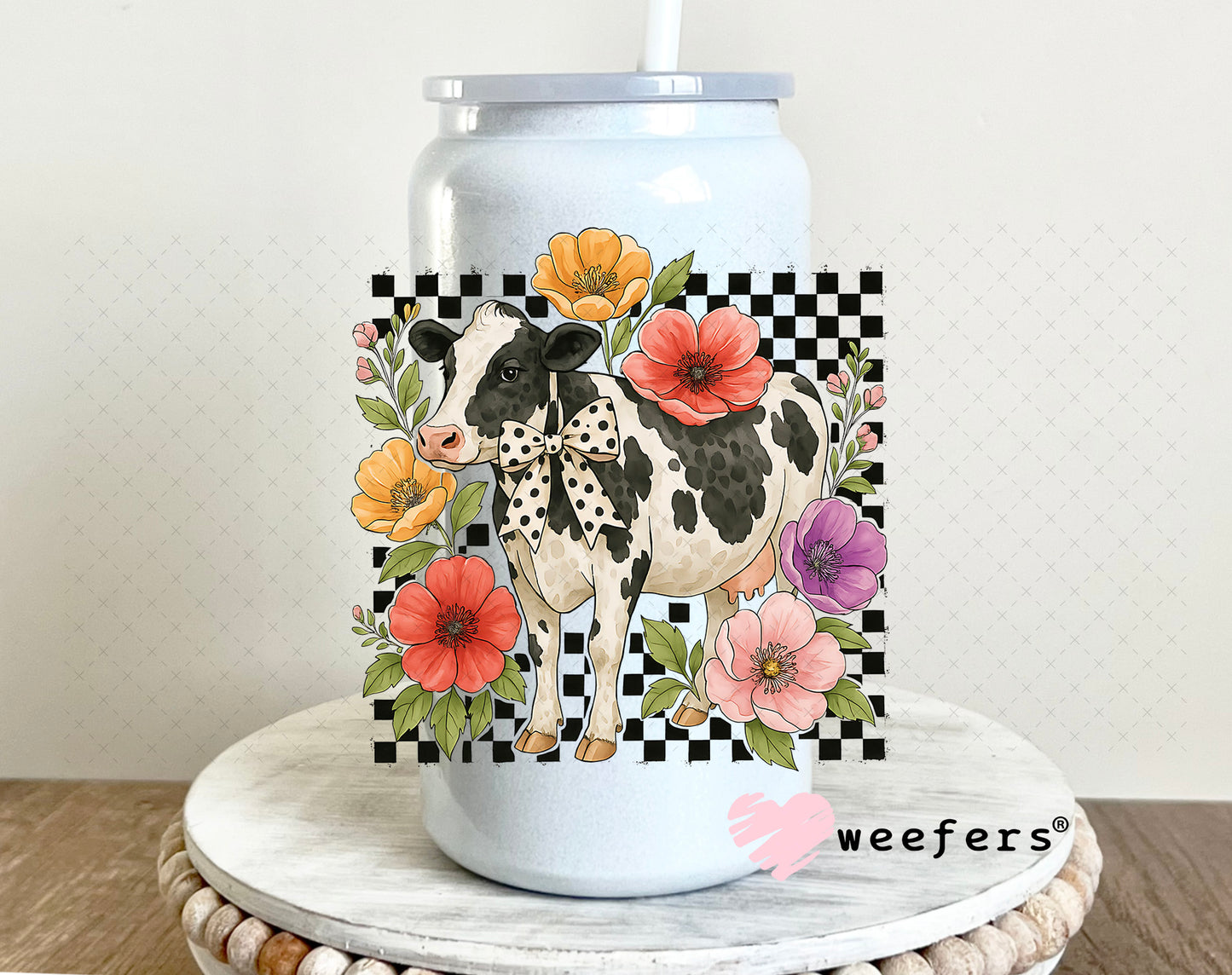 UV DTF Decal - Checkered Flower Cow 16oz Glass Can Generic Weefers