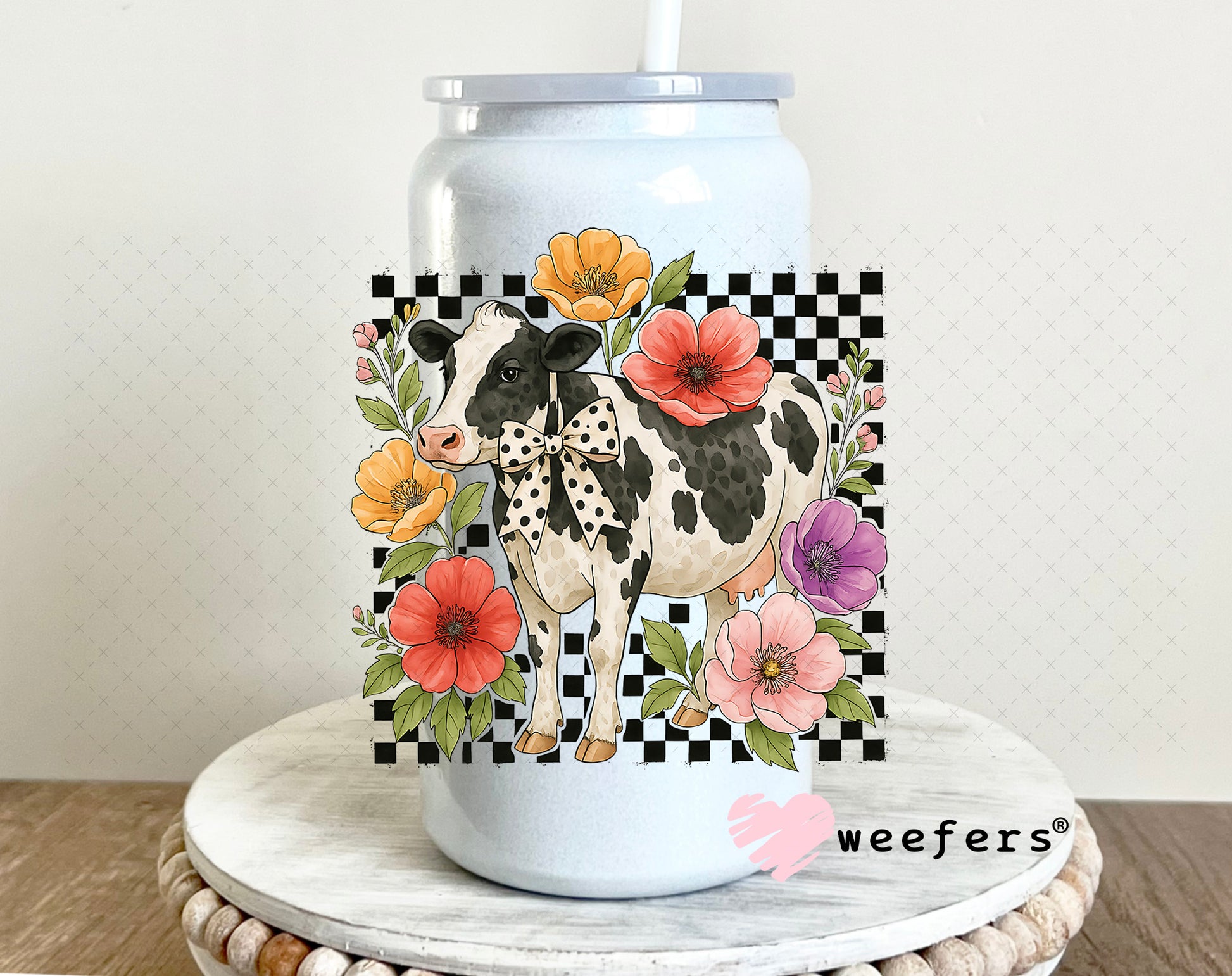 UV DTF Decal - Checkered Flower Cow 16oz Glass Can Generic Weefers