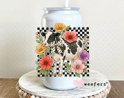 UV DTF Decal - Checkered Flower Cow 16oz Glass Can Generic Weefers