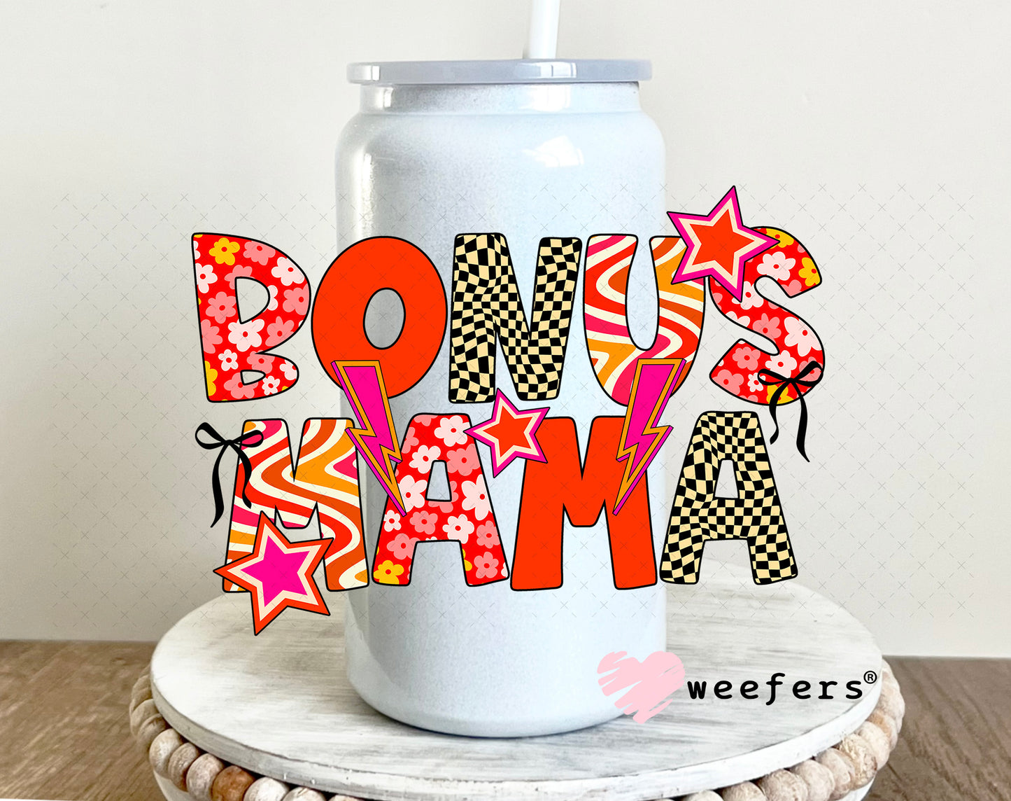 UV DTF Decal - Bonus Mama Red Orange Checkers 16oz Glass Can Generic Weefers