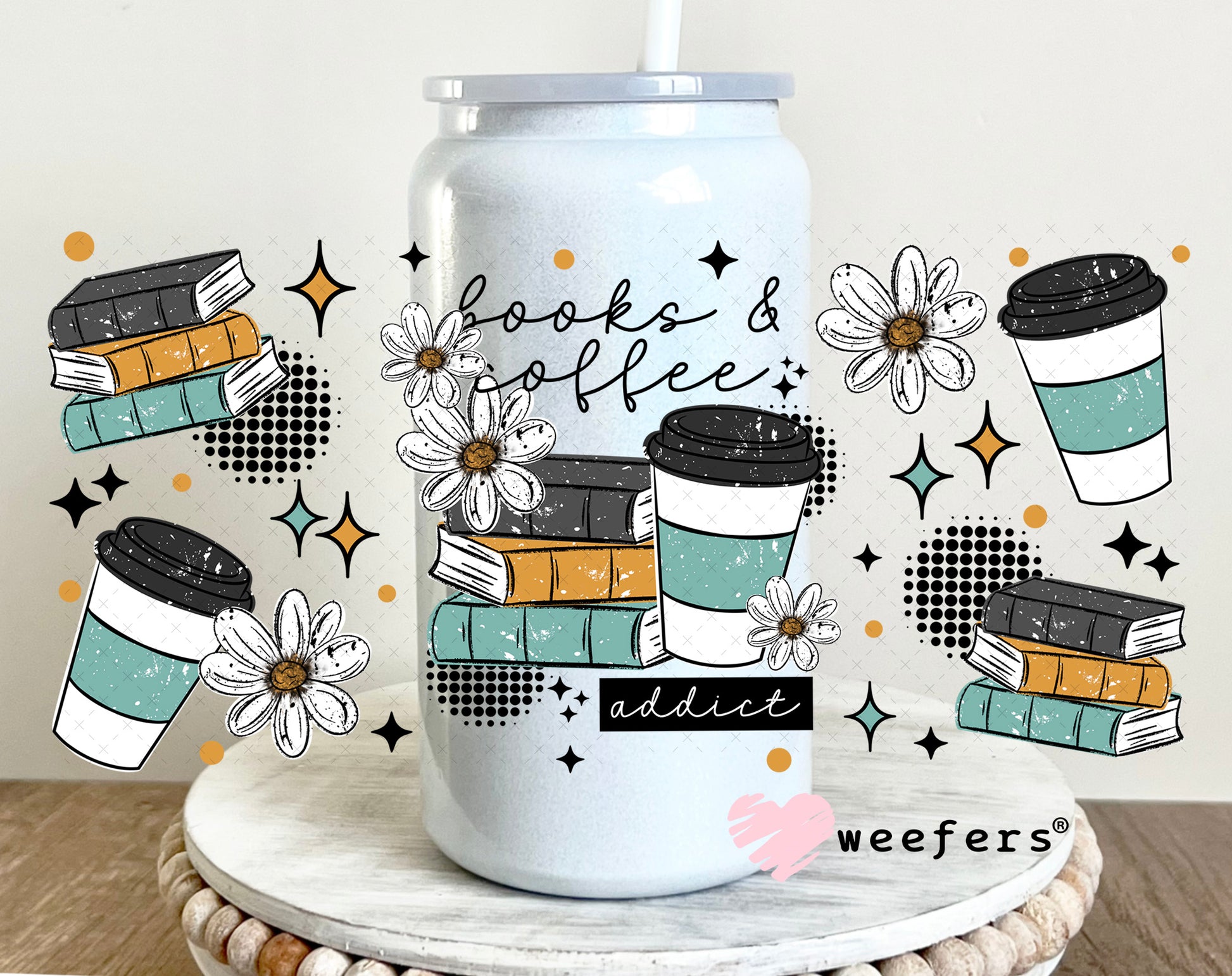 UV DTF Cup Wrap – Books and Coffee Addict 16oz Glass Can Generic Weefers