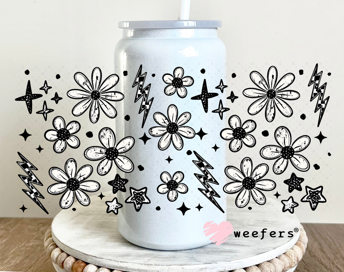 UV DTF Cup Wrap – Flowers White and Black 16oz Glass Can Generic Weefers