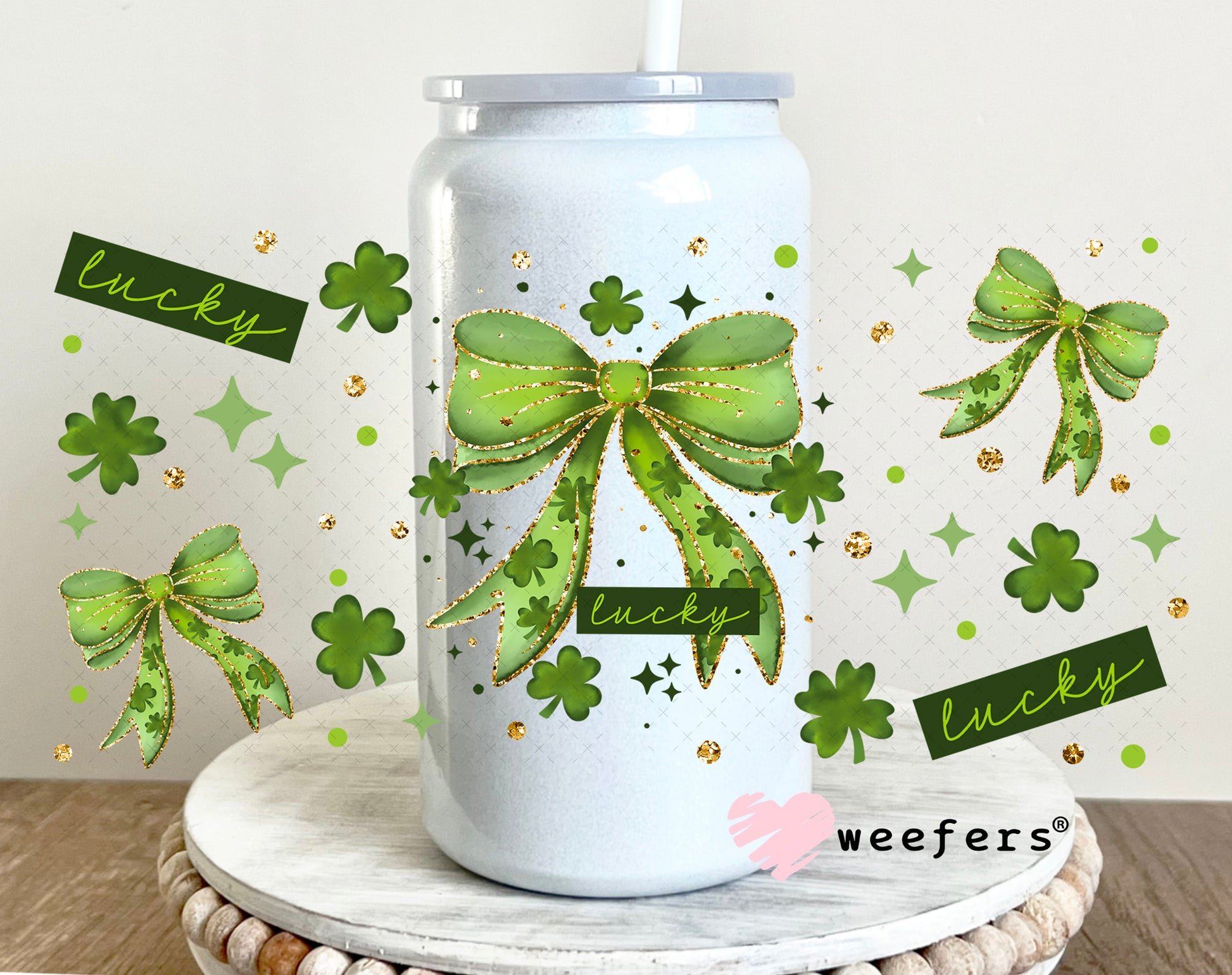 UV DTF Cup Wrap – Lucky Green Bow St. Patricks 16oz Glass Can Generic Weefers
