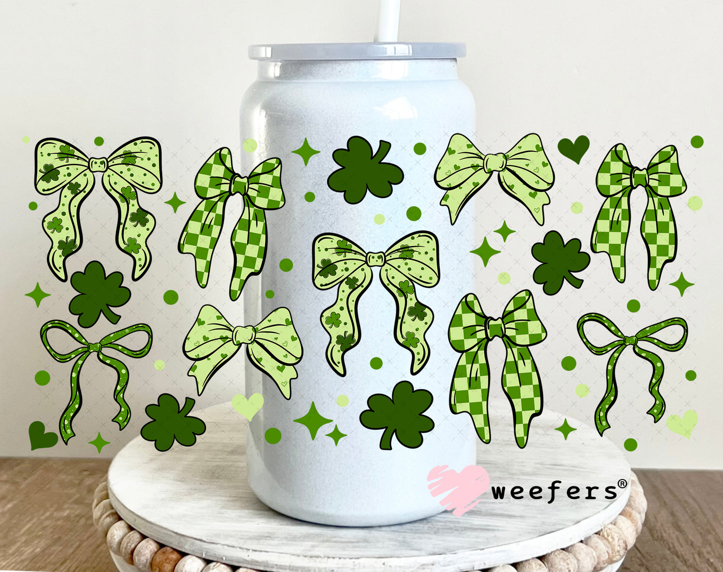 UV DTF Cup Wrap – Lucky Chevron Green Bows St. Patricks 16oz Glass Can Generic Weefers