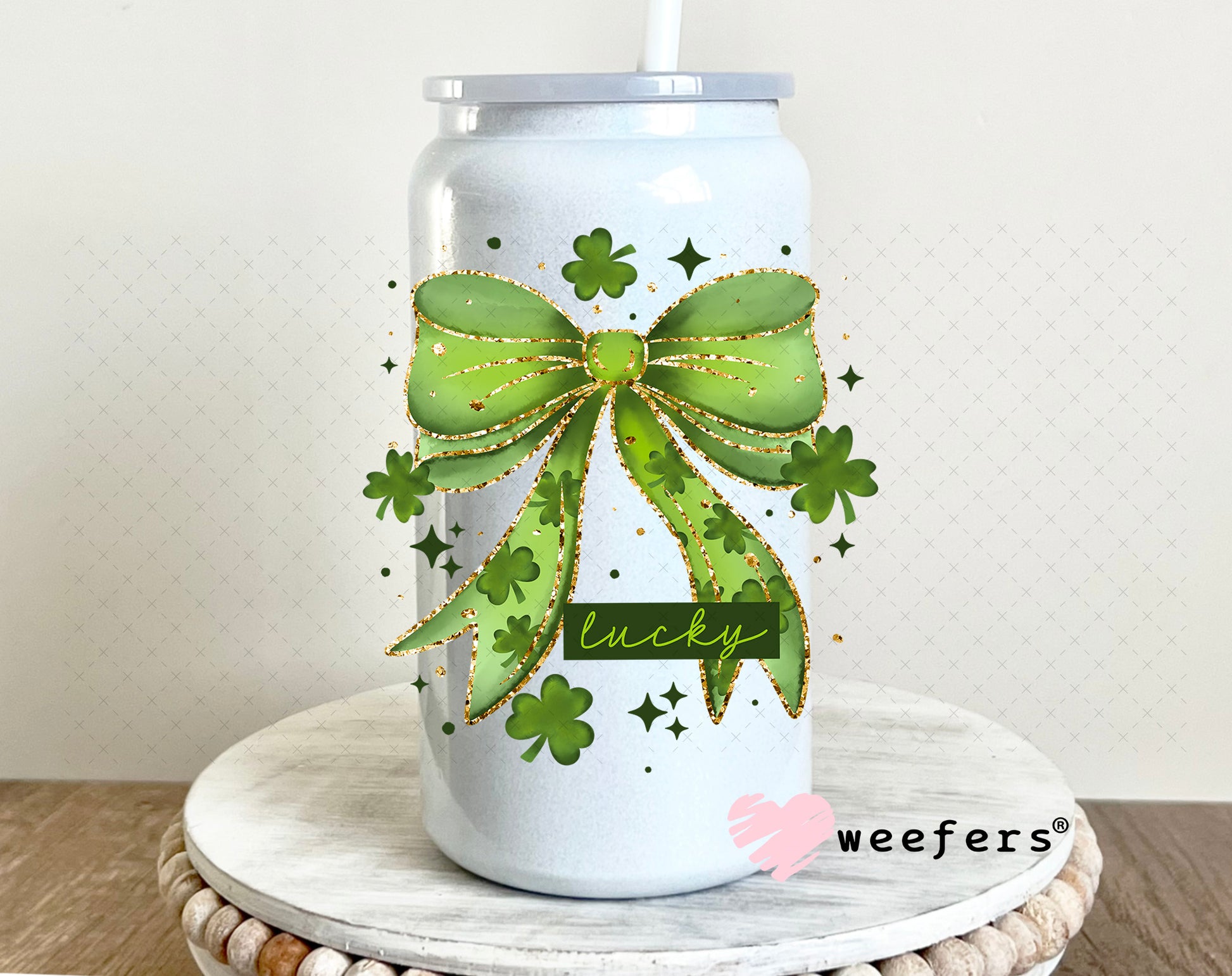 UV DTF Decal - Lucky Bow Patrick's Day 16oz Glass Can Generic Weefers