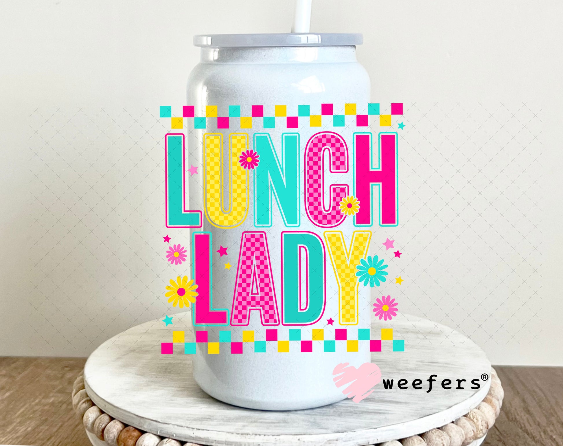 UV DTF Decal - Lunch Lady Magenta Teal 16oz Glass Can Generic Weefers