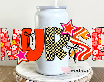 UV DTF Cup Wrap – Nurse Orange Red Checkered 16oz Glass Can Generic Weefers