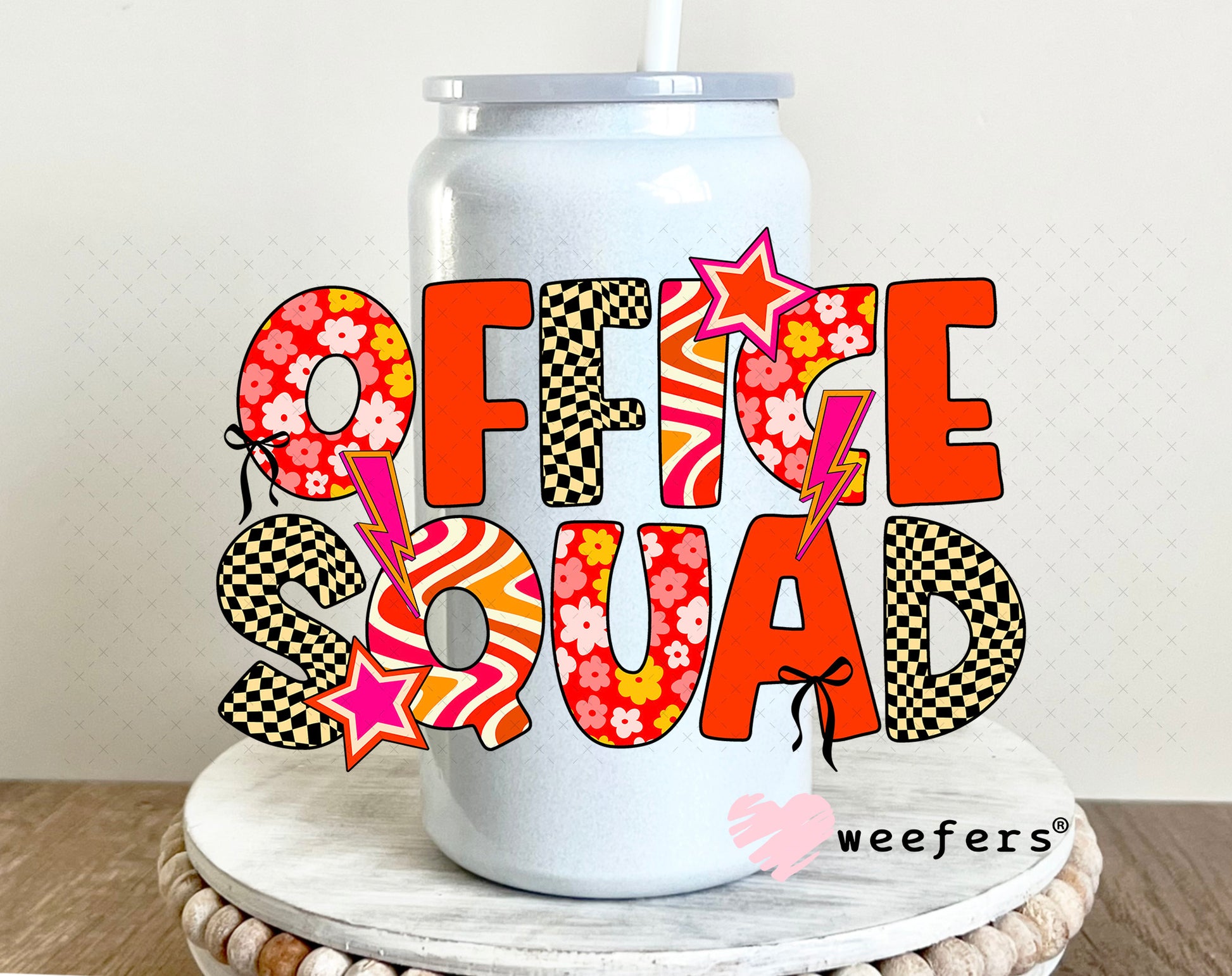 UV DTF Decal - Office Squad Red Orange Checkered 16oz Glass Can Generic Weefers