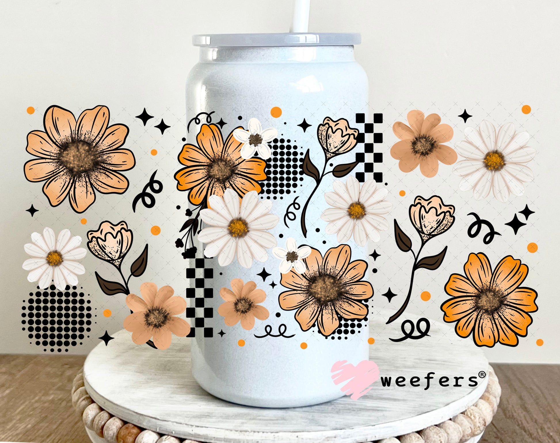 UV DTF Cup Wrap – Flowers Beige Light Orange 16oz Glass Can Generic Weefers