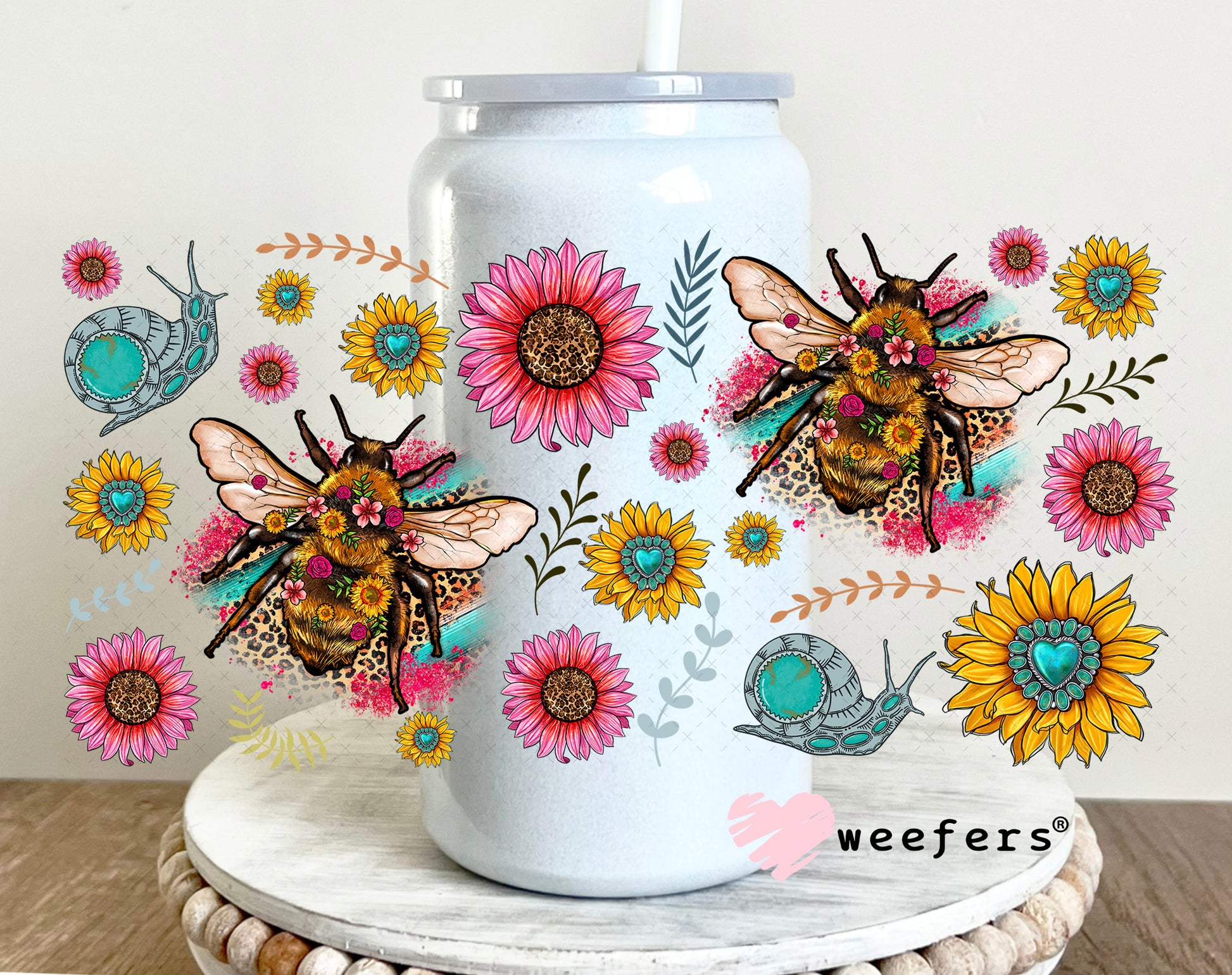 UV DTF Cup Wrap – Whimsical Pink Teal Bees - Weefers Exclusive 16oz Glass Can Generic Weefers