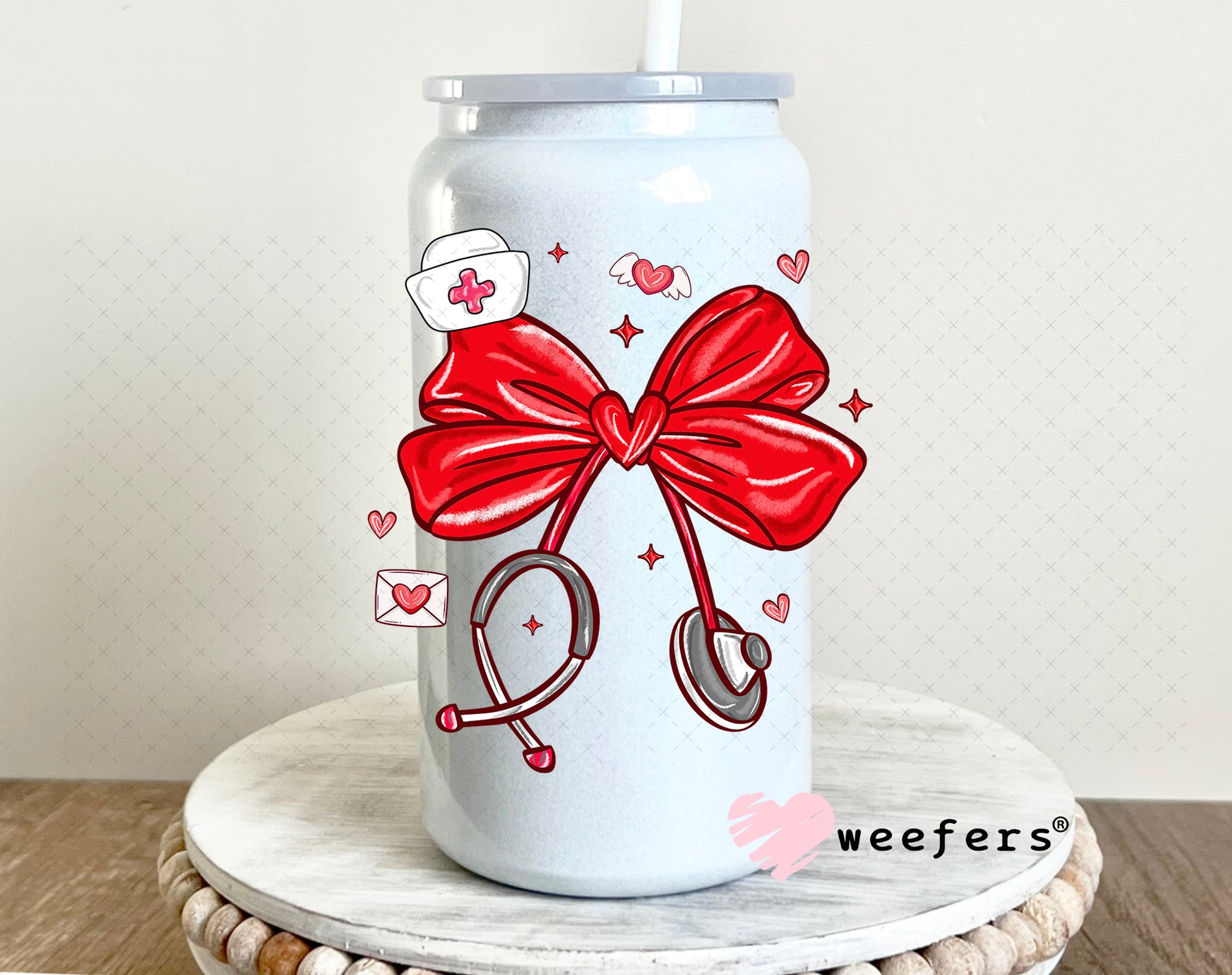 UV DTF Decal - Nurse Bow Valentine's 16oz Glass Can Generic Weefers