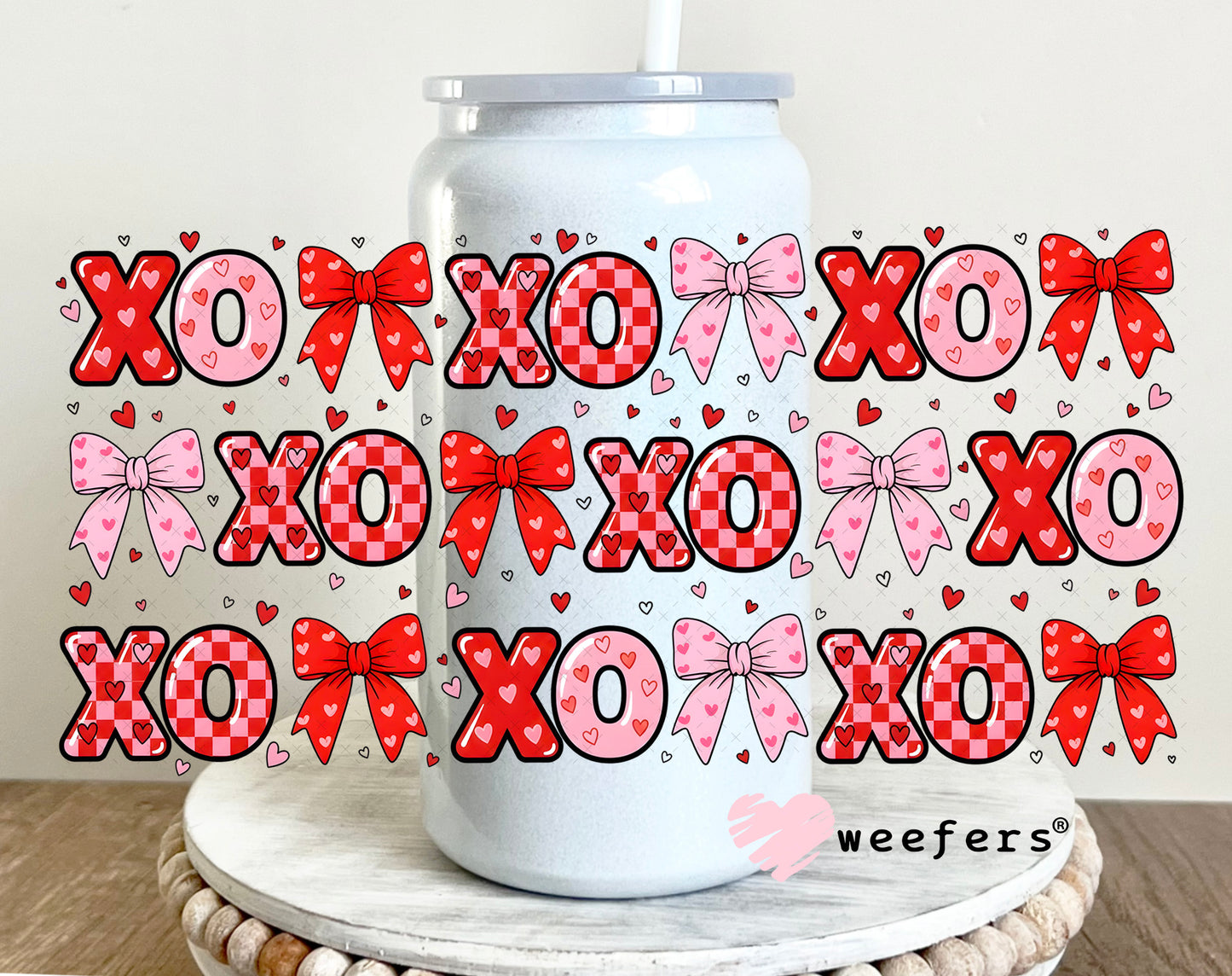 UV DTF Cup Wrap – Bow XO XO Valentine's Day 16oz Glass Can Generic Weefers