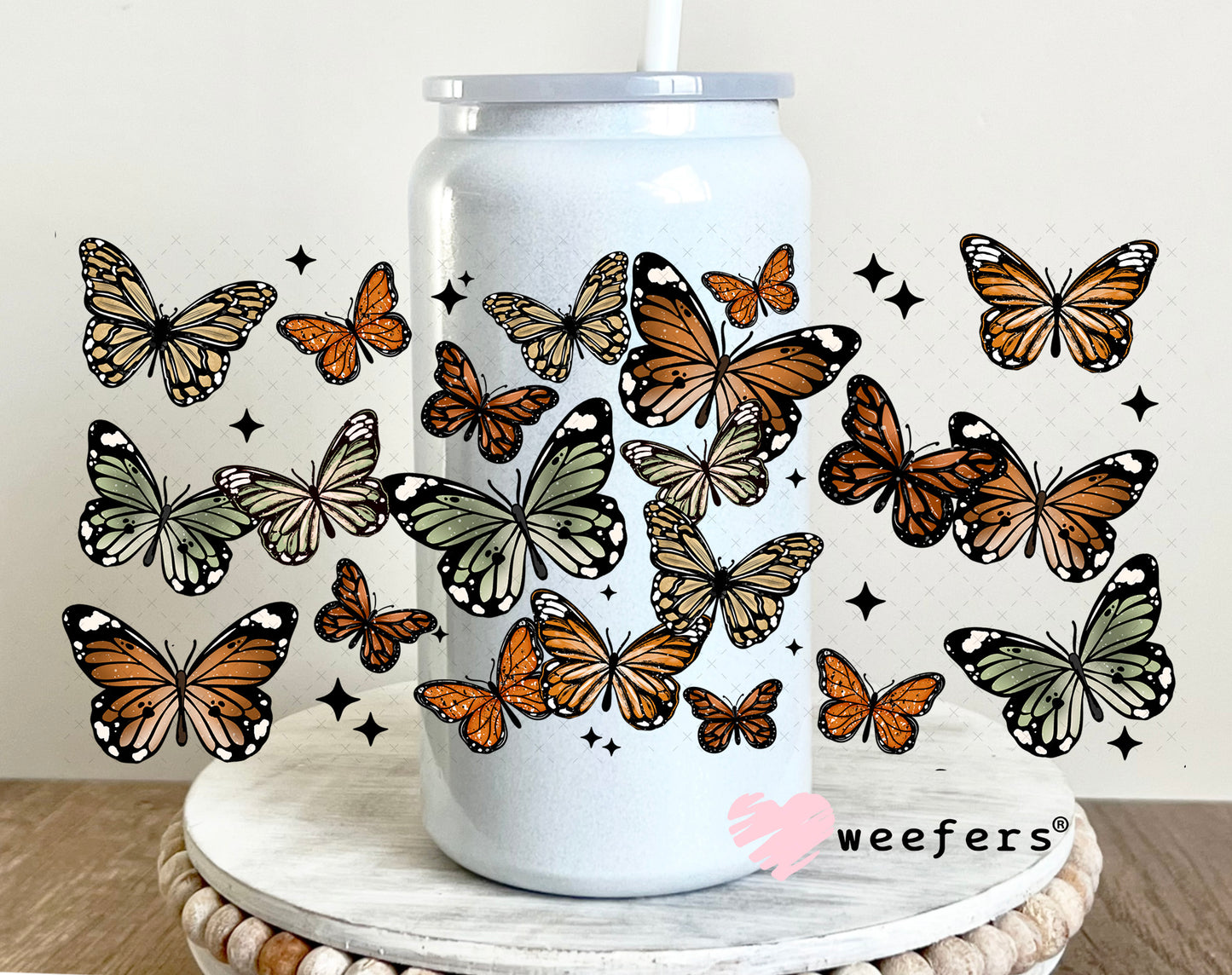 UV DTF Cup Wrap – Butterflies Green and Rust 16oz Glass Can Generic Weefers