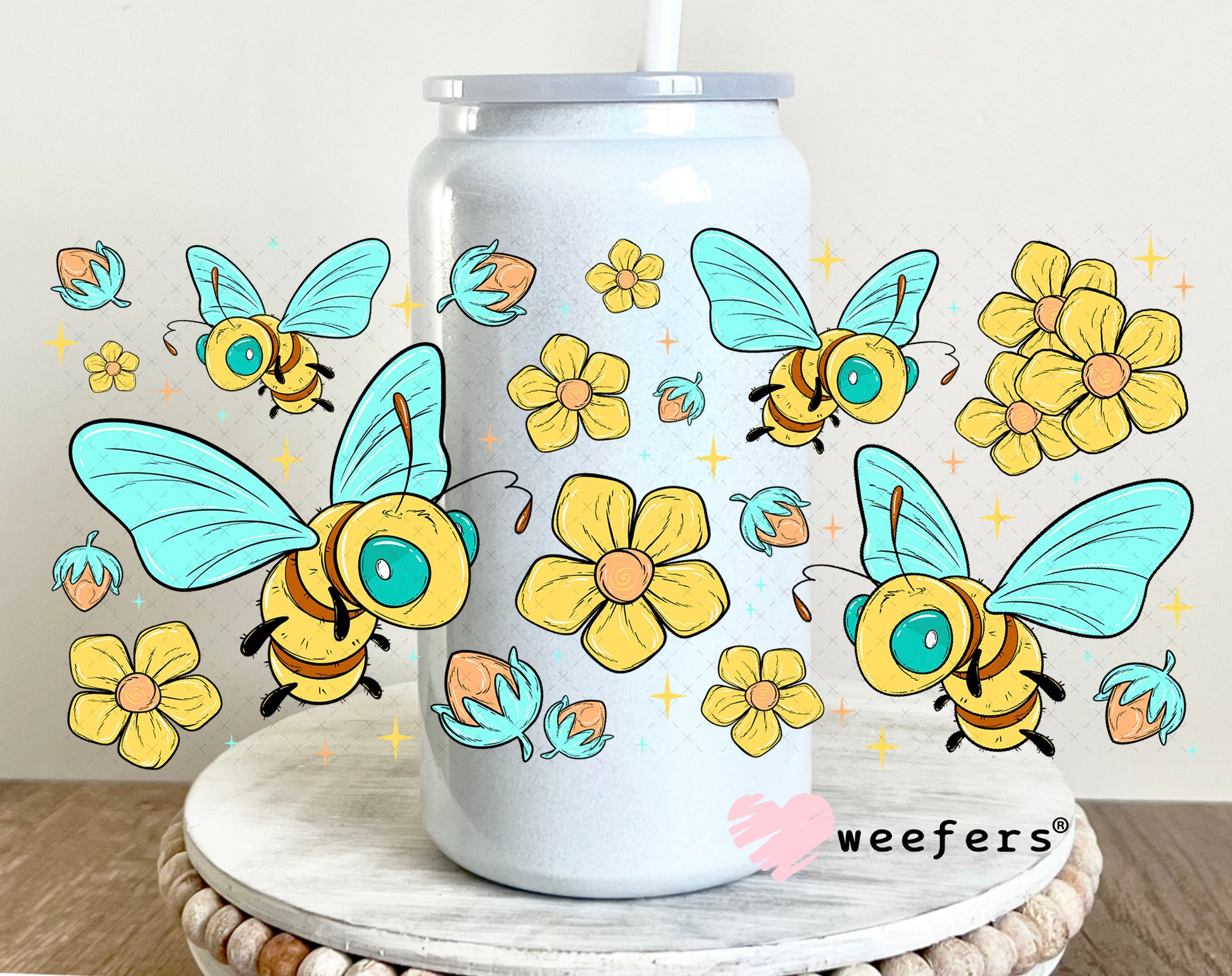 UV DTF Cup Wrap – Whimsical Teal and Yellow Bees 16oz Glass Can Generic Weefers