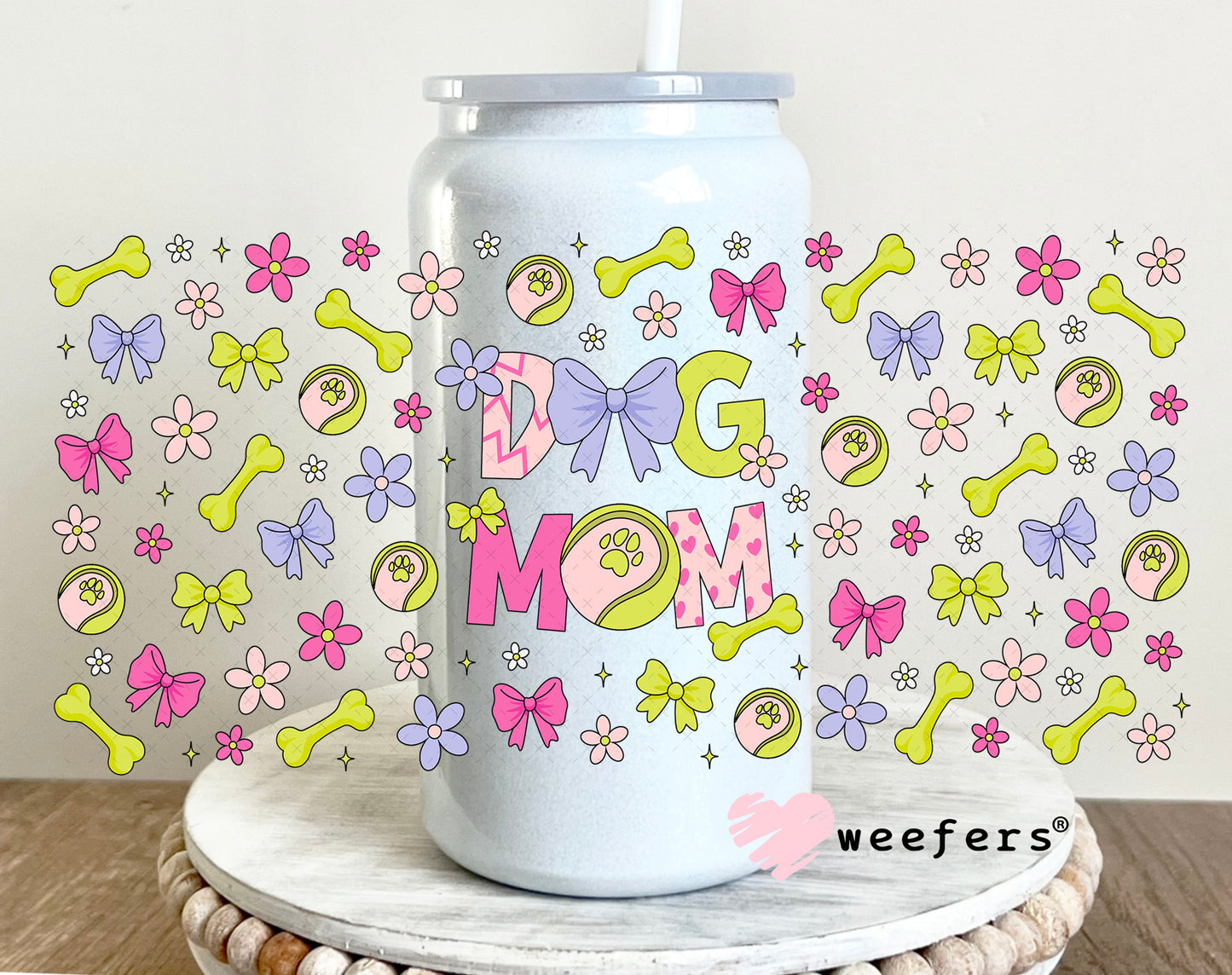 UV DTF Cup Wrap – Dog Mom Green and Fuchsia 16oz Glass Can Generic Weefers