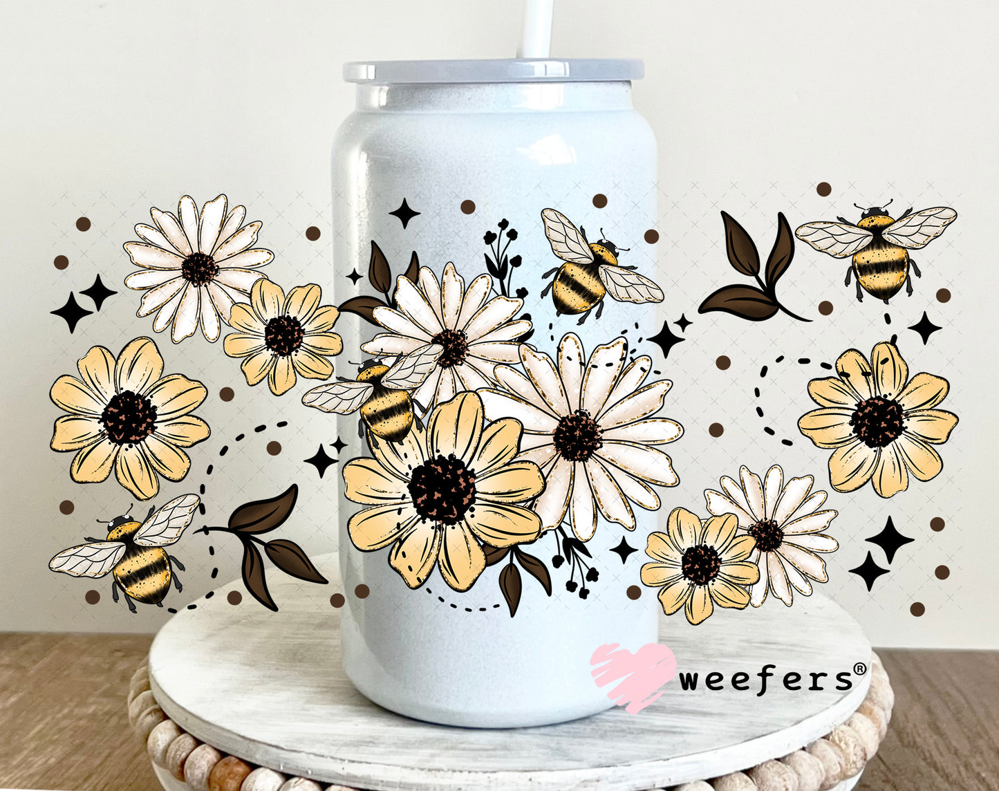 UV DTF Cup Wrap – White and Lemon Yellow Flowers 16oz Glass Can Generic Weefers