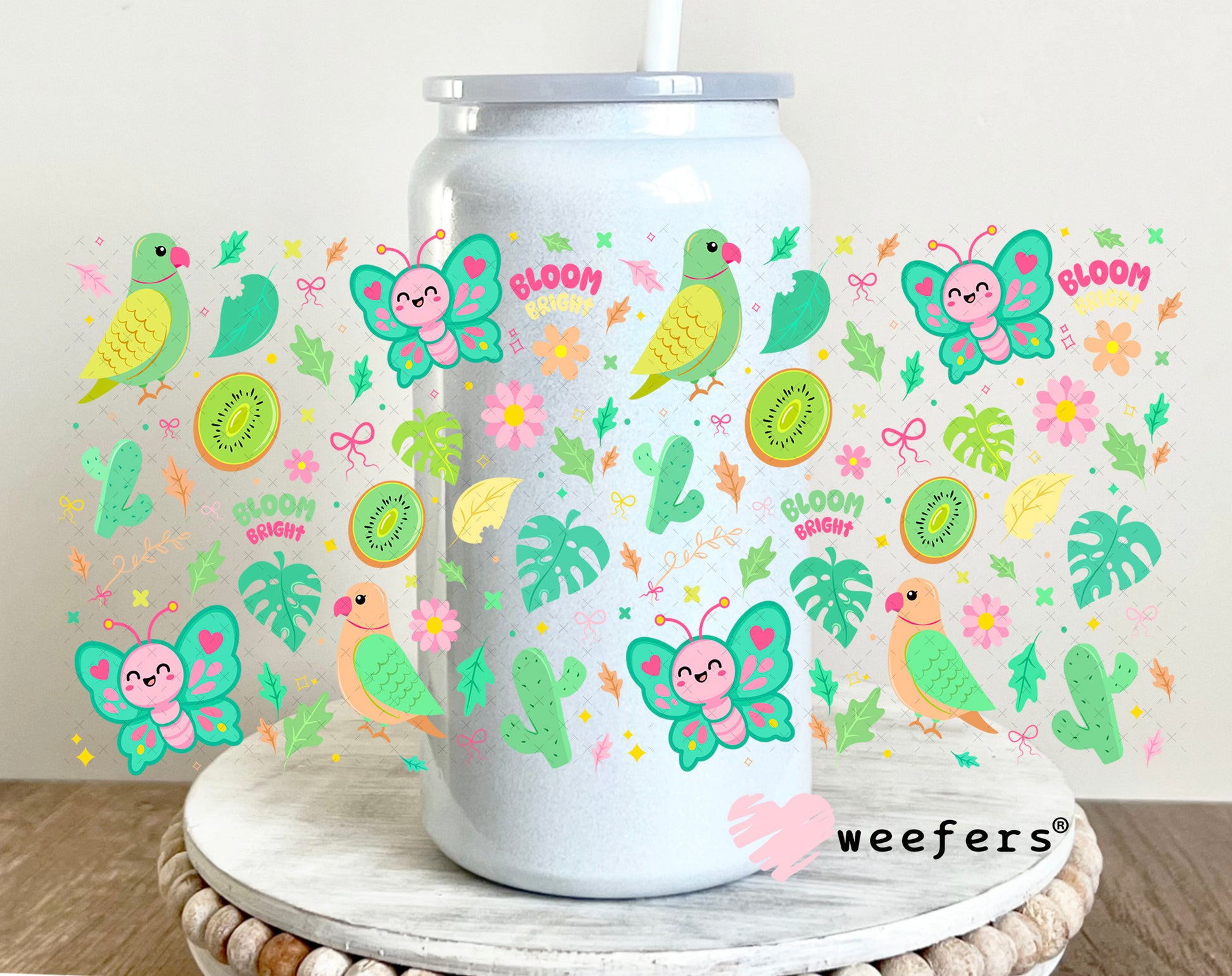 UV DTF Cup Wrap – Butterflies and Parrots 16oz Glass Can Generic Weefers