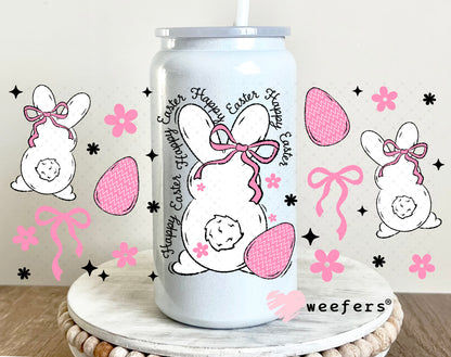 UV DTF Cup Wrap – Happy Easter Bunny Pink and White 16oz Glass Can Generic Weefers