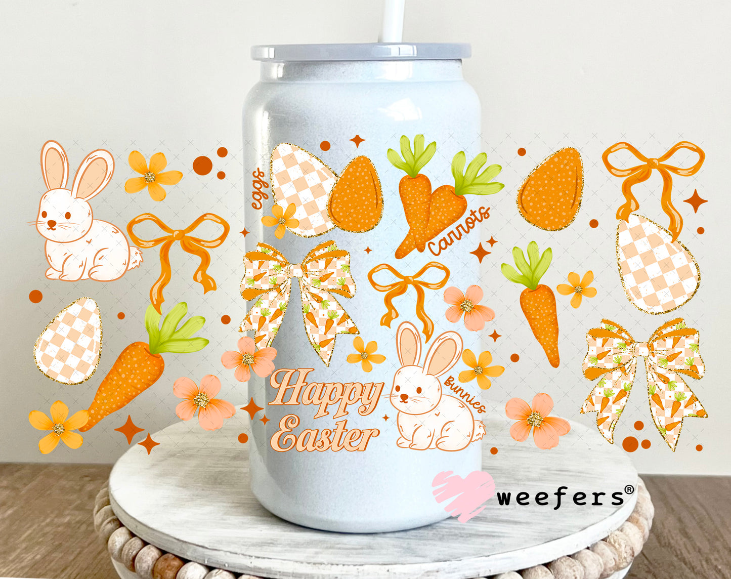UV DTF Cup Wrap – Happy Easter Carrots and Bows 16oz Glass Can Generic Weefers