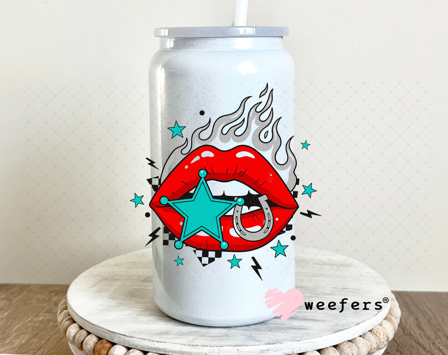 UV DTF Decal - Flame Lips Teal Red 16oz Glass Can Generic Weefers