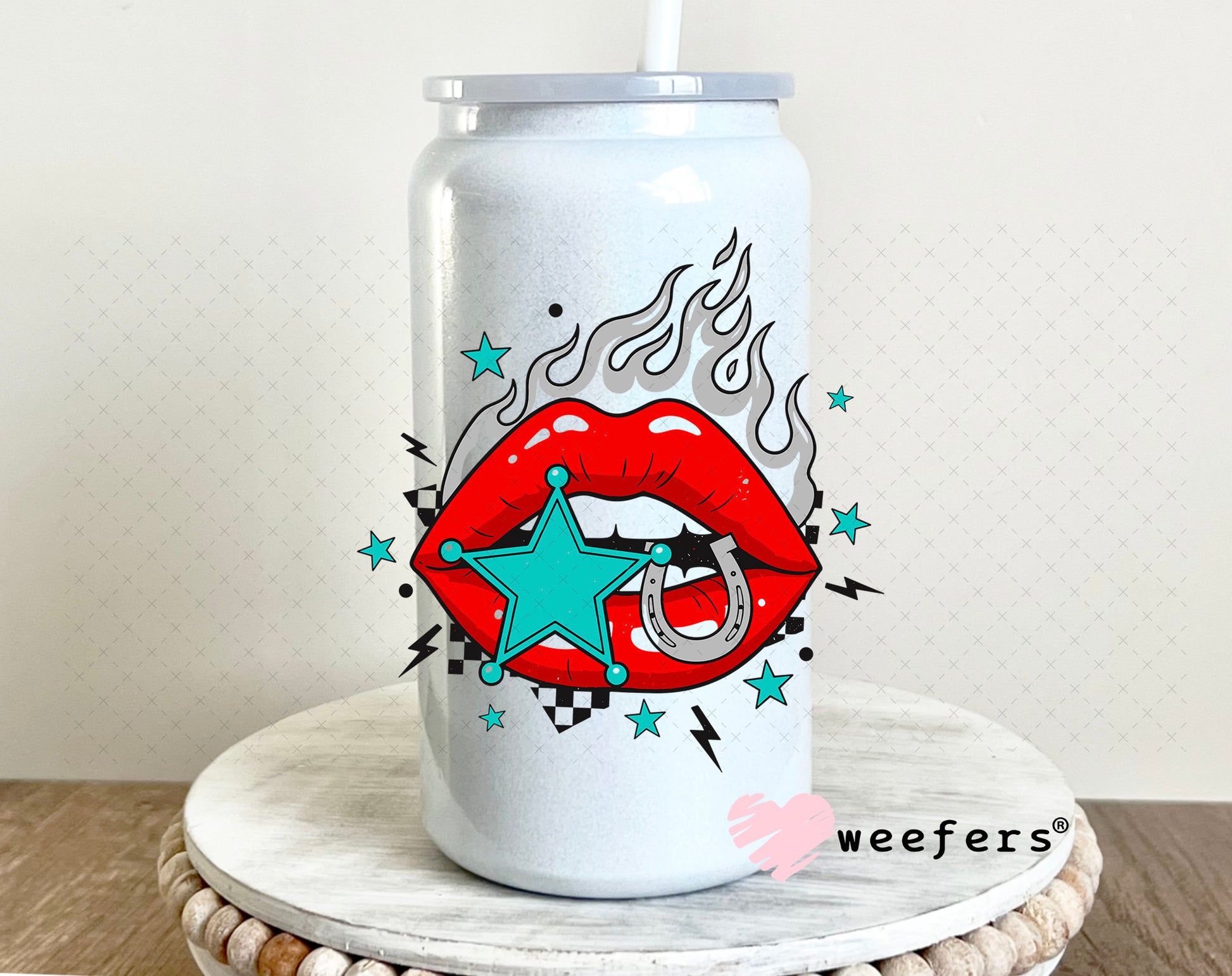 UV DTF Decal - Flame Lips Teal Red 16oz Glass Can Generic Weefers