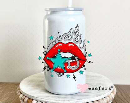 UV DTF Decal - Flame Lips Teal Red 16oz Glass Can Generic Weefers
