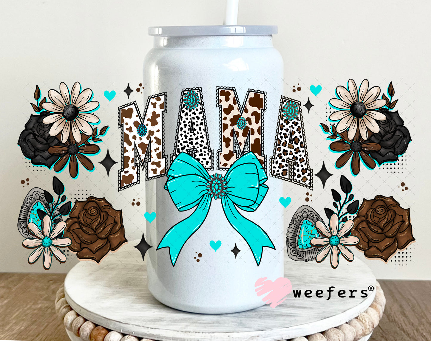 UV DTF Cup Wrap – Western Mama Teal and Brown 16oz Glass Can Generic Weefers