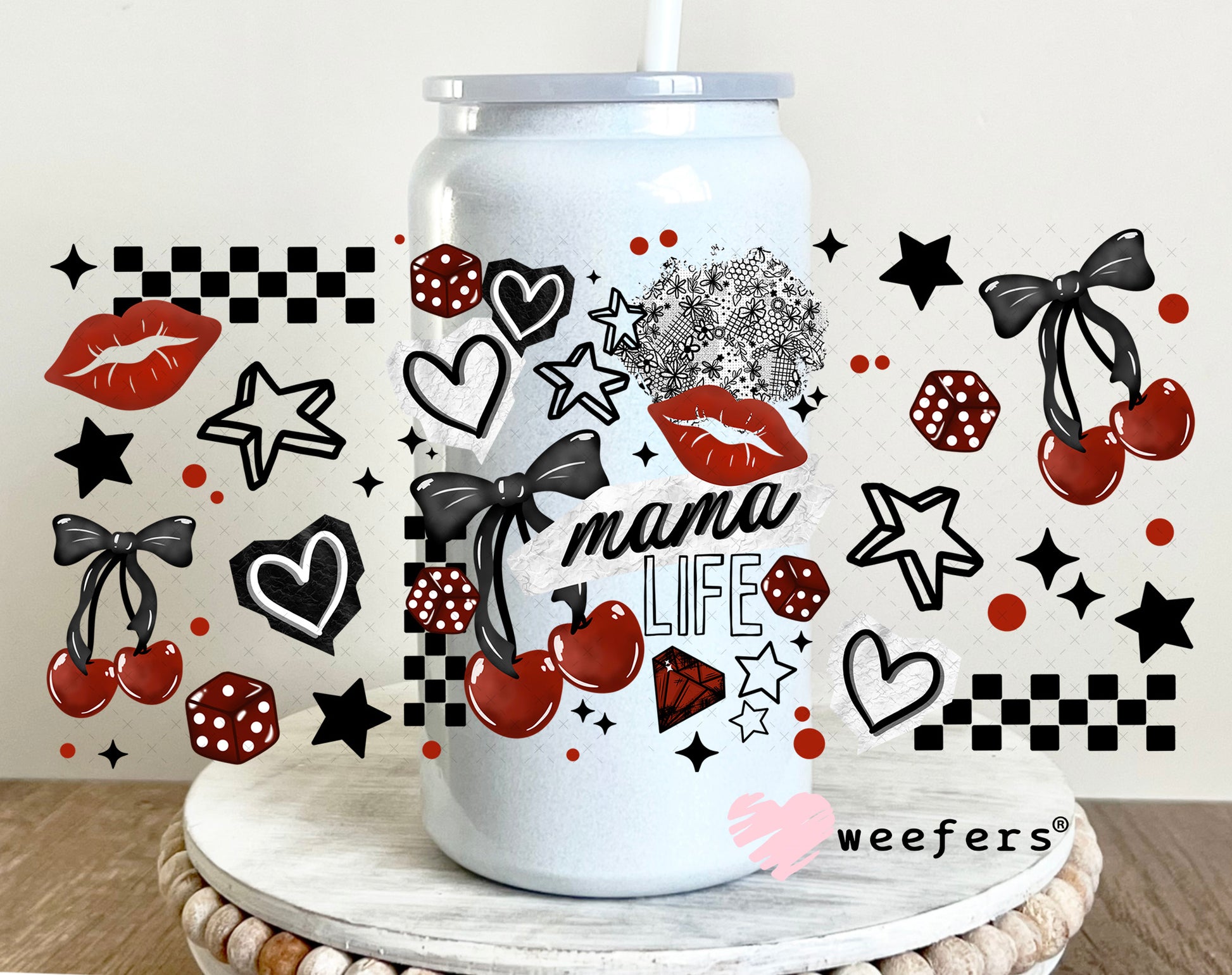 UV DTF Cup Wrap – Mama Cherries and Dice 16oz Glass Can Generic Weefers