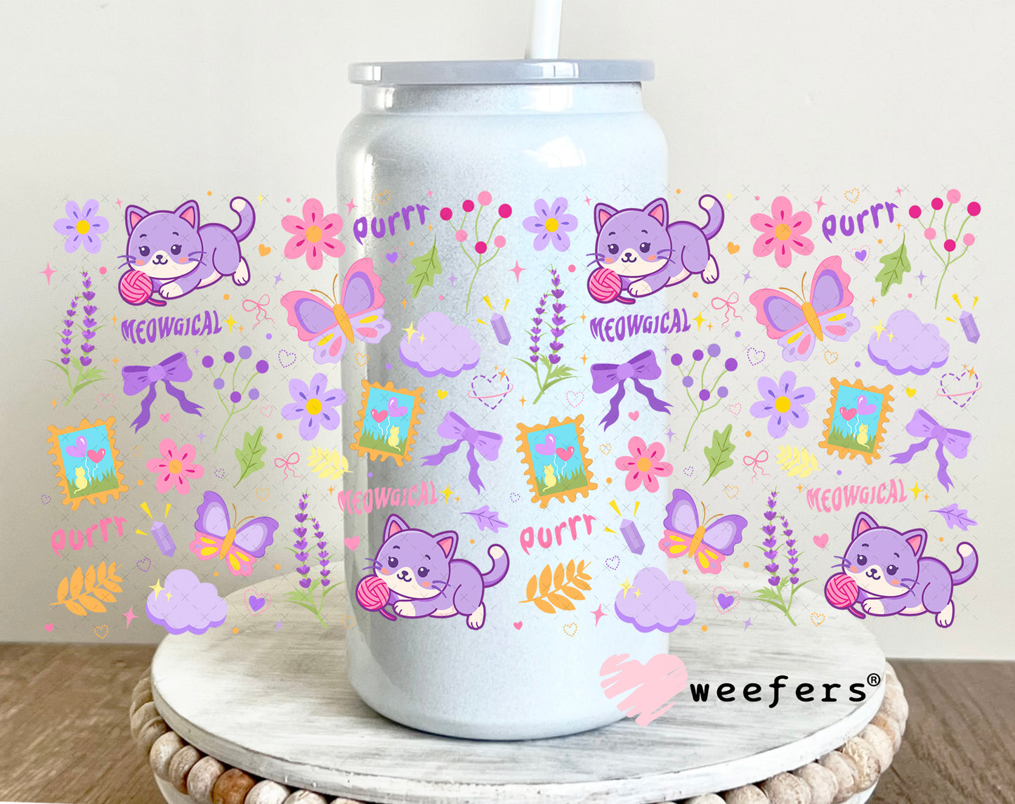 UV DTF Cup Wrap – Purple Playful Cats 16oz Glass Can Generic Weefers