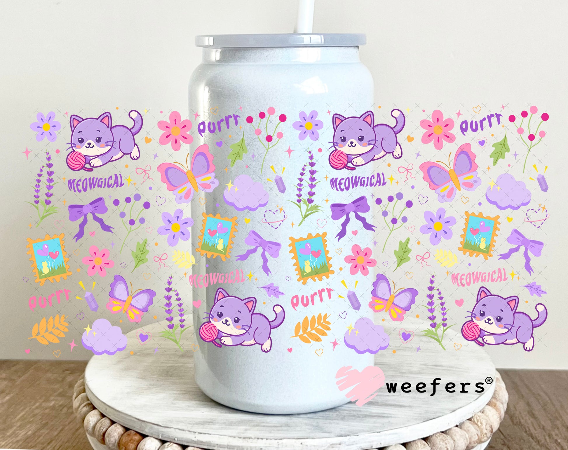 UV DTF Cup Wrap – Purple Playful Cats 16oz Glass Can Generic Weefers