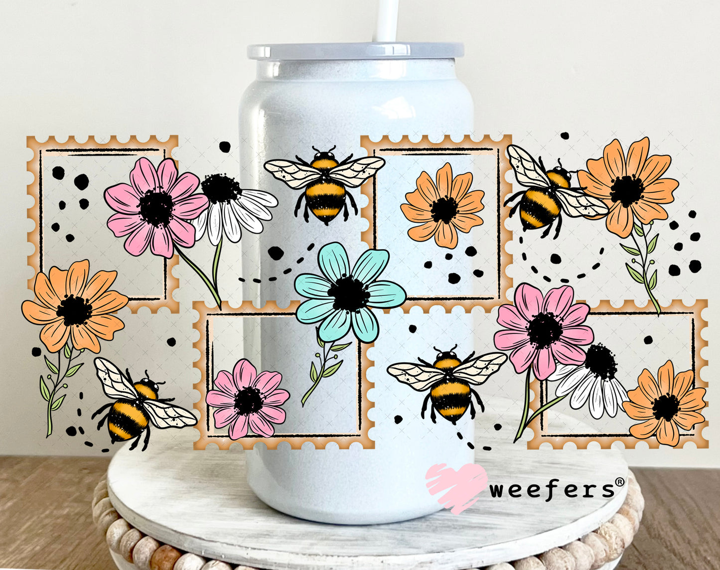 UV DTF Cup Wrap – Wild Flowers and Bees Pink and Teal 16oz Glass Can Generic Weefers