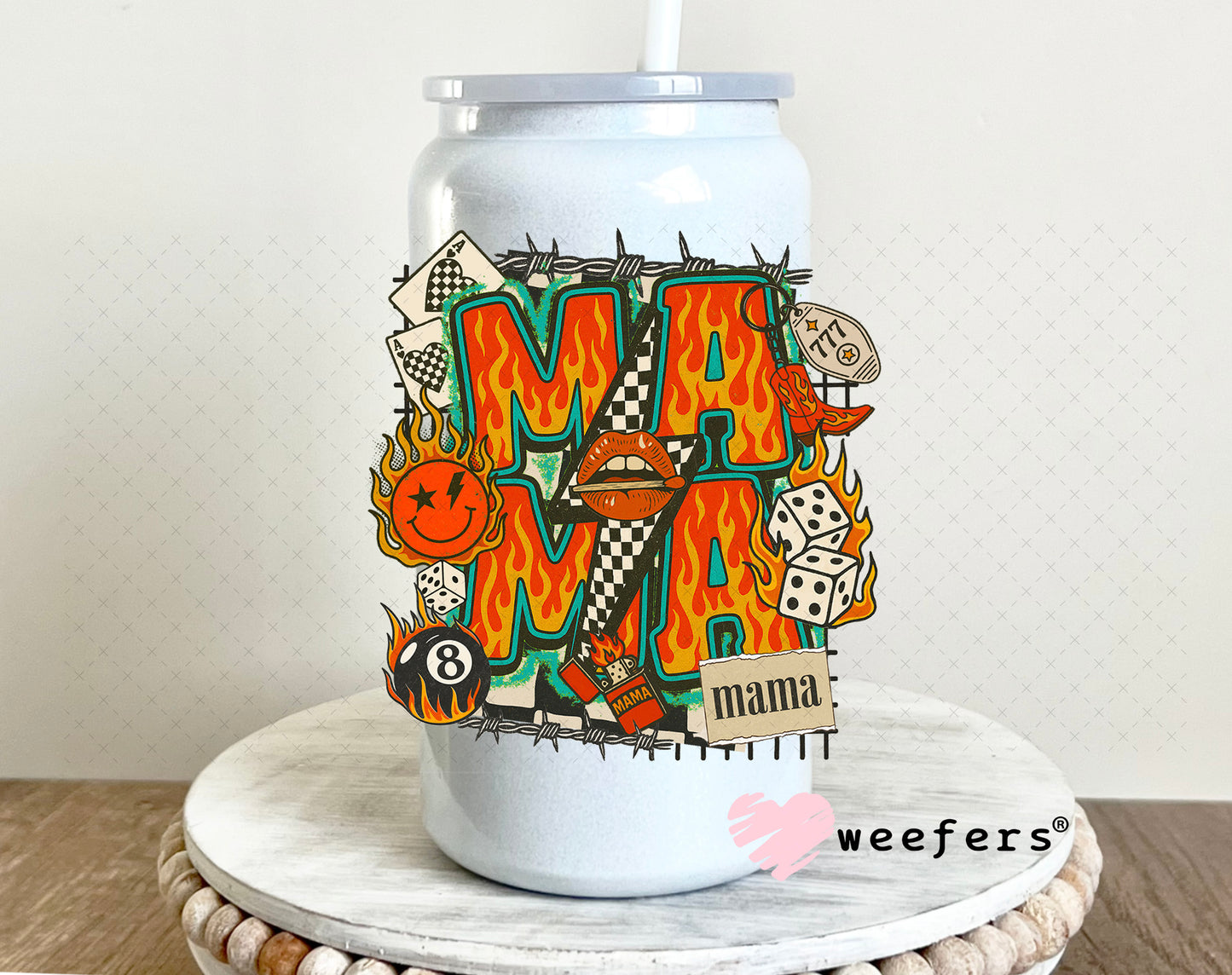 UV DTF Decal - Fire Flames Mama stacked 16oz Glass Can Generic Weefers