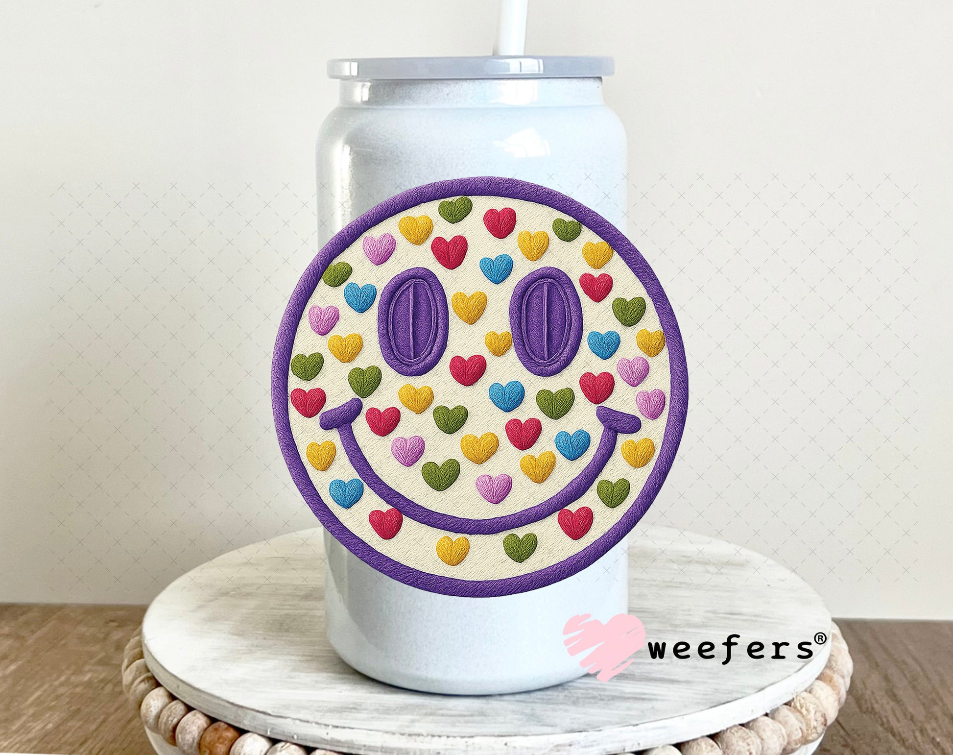 UV DTF Decal - Smiley Face Purple and Colored Hearts 16oz Glass Can Generic Weefers